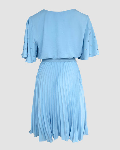 Pearls Decor Short Sleeve Cinched Waist Pleated Dress Elegant Butterfly Sleeve Midi Dress with Belt