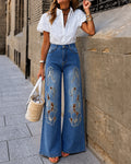 Women's Embroidered Floral Pattern Rhinestone Wide Leg Jeans High Waist Hollow-out Denim Pants