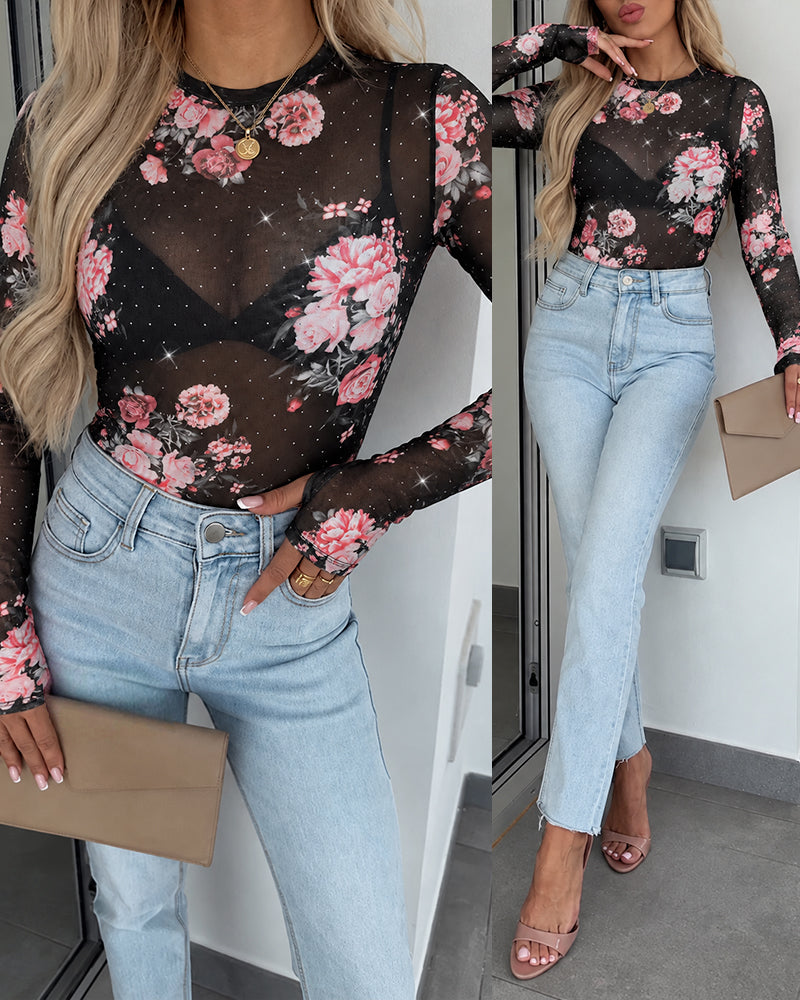 Women's Floral Rhinestone Sheer Mesh Top Long Sleeve Slim Fit Tee with Thumb Holes