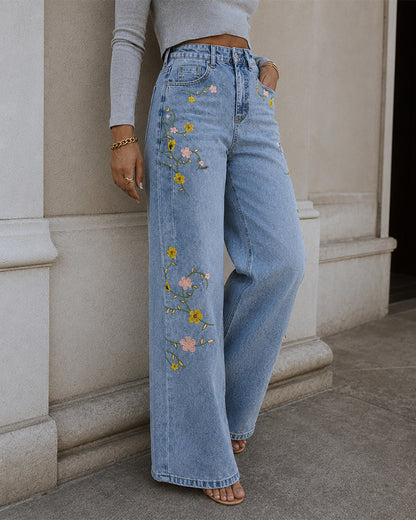 Women's High Waisted Floral Embroidered Wide Leg Jeans Washed Denim Pants