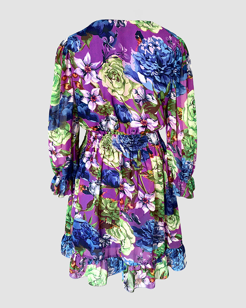 Floral Print Overlap V Neck Long Sleeve Shirred Waist Ruffle Hem Dress Casual Cinched Waist Flared Cuffs Chiffon Vacation Dress with Lining