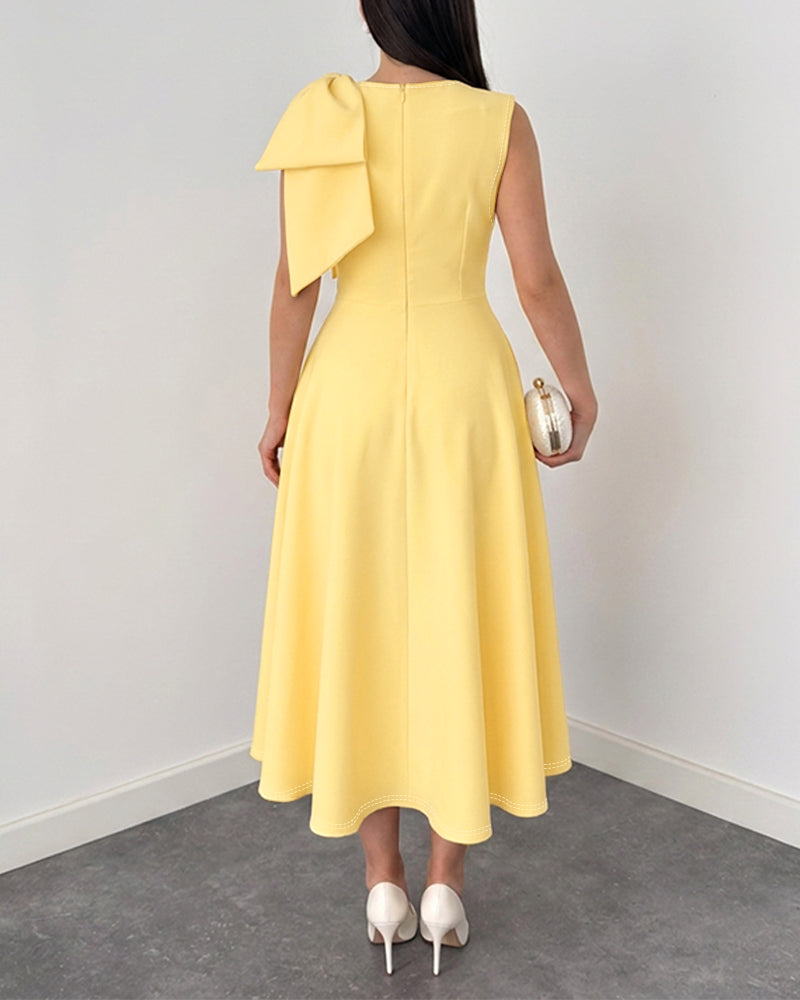 Women's Bowknot A Line Midi Dress Sleeveless Crewneck High Waist Party Dress Elegant Evening Gown