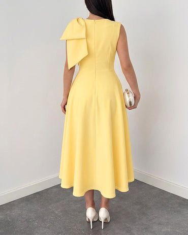 Women's Bowknot A Line Midi Dress Sleeveless Crewneck High Waist Party Dress Elegant Evening Gown