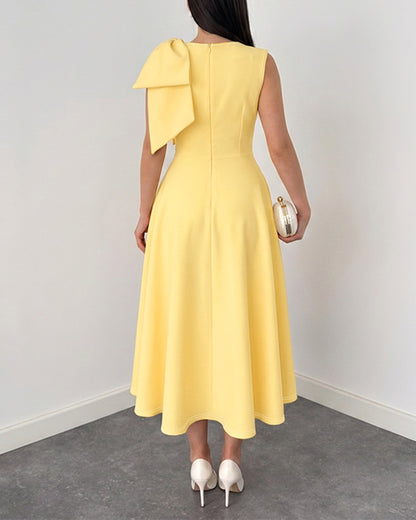 Women's Bowknot A Line Midi Dress Sleeveless Crewneck High Waist Party Dress Elegant Evening Gown