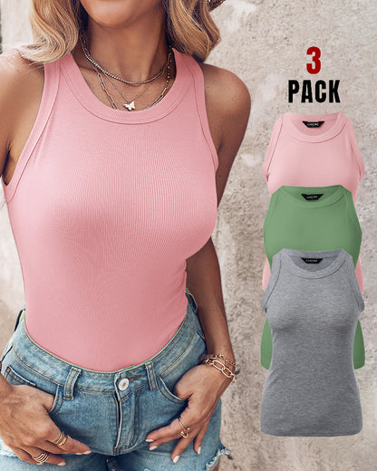 3 Pack Knit Round Neck Thick Strap Racerback Tank Tops(Without Pads)