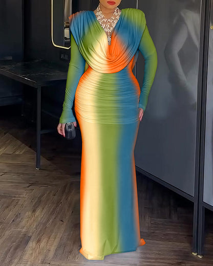 Tie Dye Print Cowl Neck Long Sleeve Backless Maxi Dress Slim Fit Zipper Back Ruched Mermaid Hem Evening Dress