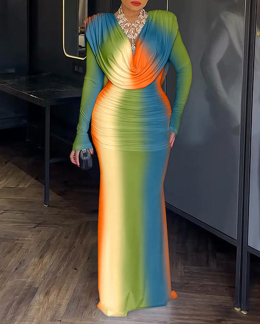 Tie Dye Print Cowl Neck Long Sleeve Backless Maxi Dress Slim Fit Zipper Back Ruched Mermaid Hem Evening Dress