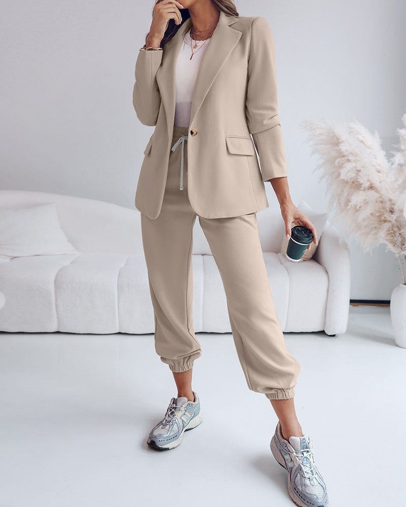 Shawl Collar Long Sleeve Blazer and Drawstring Pants Set
