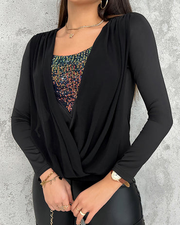 Contrast Sequin Cowl Neck Ruched Long Sleeve Top