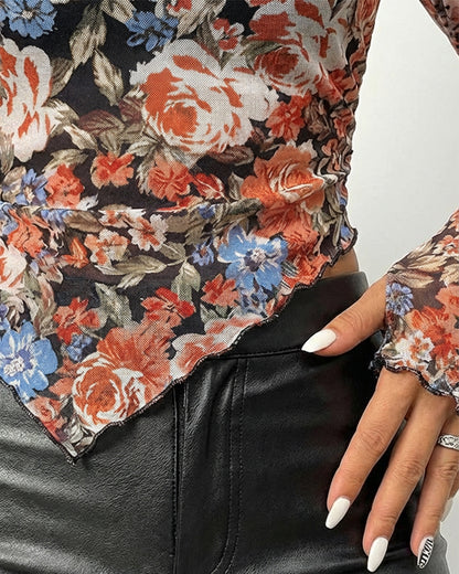 Vintage Floral Print Skew Neck Long Sleeve Asymmetrical Hem Tee Slim Fit Side Ruched Sheer Mesh Top with Thumb Hole Cuffs & Lining