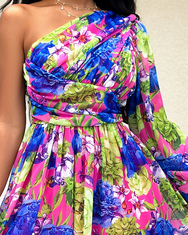 Lantern Sleeve One Shoulder High Slit Floral Maxi Dress