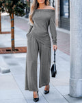 Women's 2 Piece Outfit Off Shoulder Ruched Asymmetrical Top and Wide Leg Pants Set Casual Loungewear