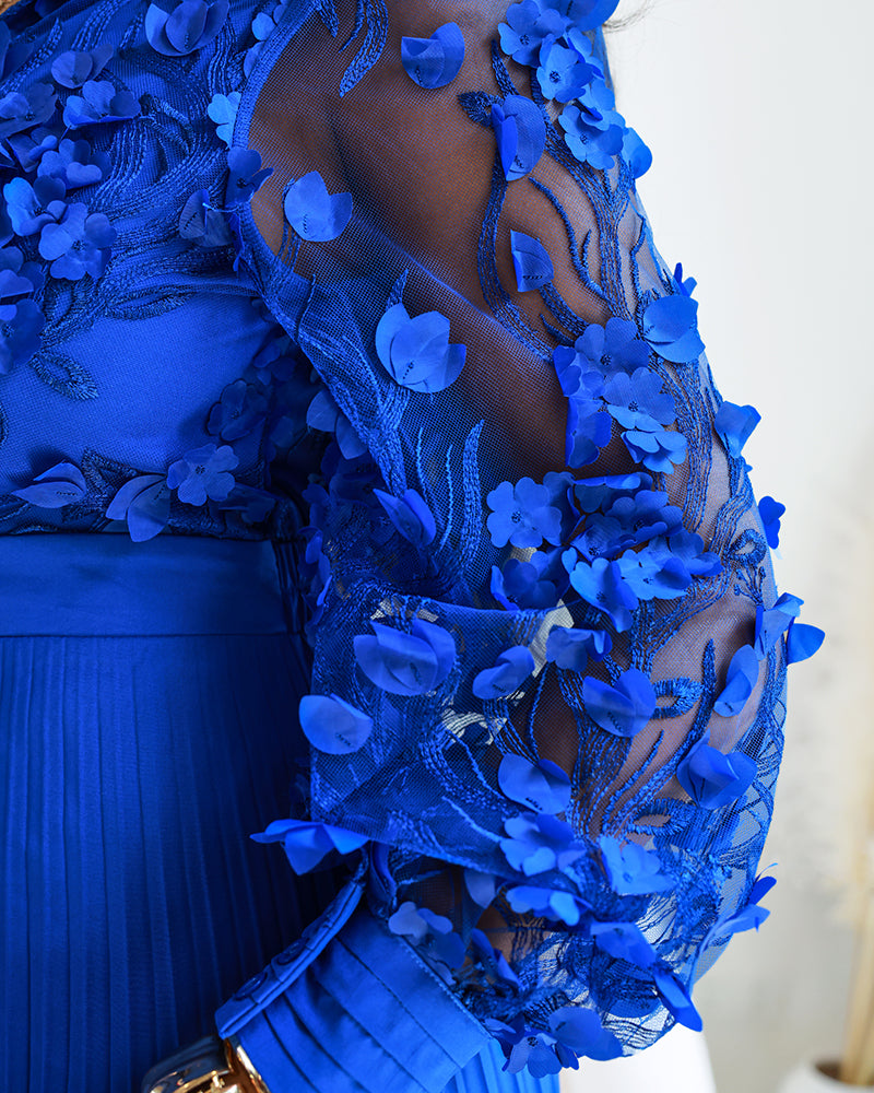 Jacquard Sheer Mesh Patch Turn-down Collar Jumpsuit Elegant Waist Tied Detail Pleated Flare Romper