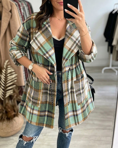 Women's Plaid Drawstring Waist Lapel Mid Length Coat Casual Roll Up Sleeve Jacket