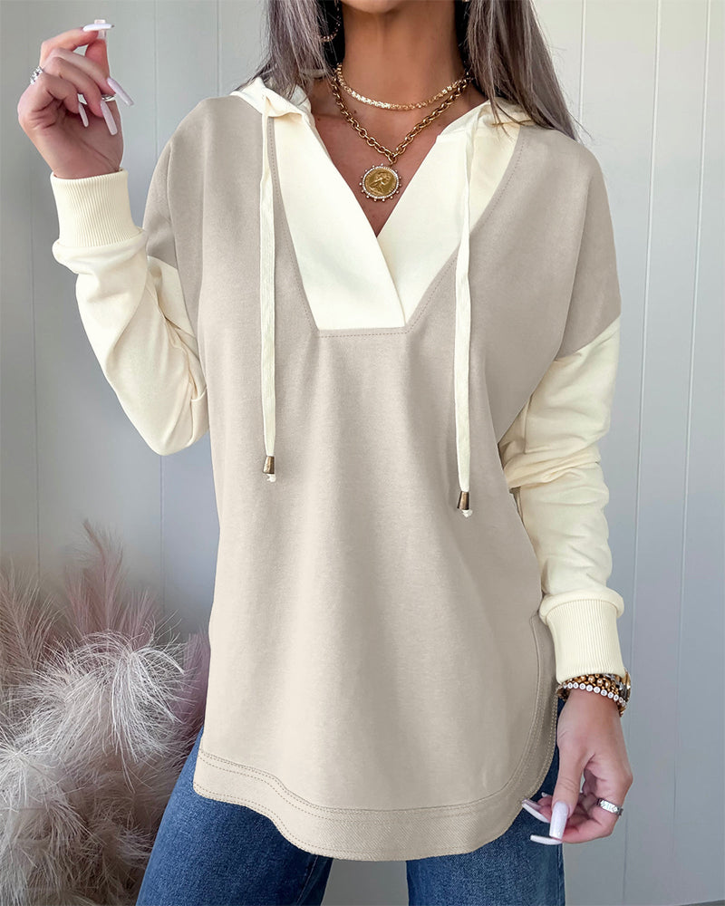 Women's Colorblock V Neck Hoodie Drawstring Curved Hem Sweatshirt Casual Slit Top