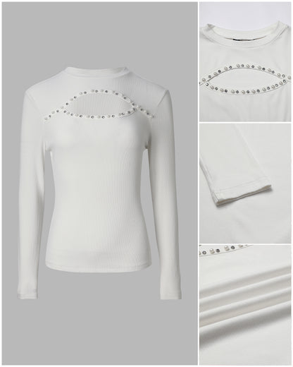 Women's Pearl Rhinestone Hollow-out Long Sleeve Ribbed Fitted Top
