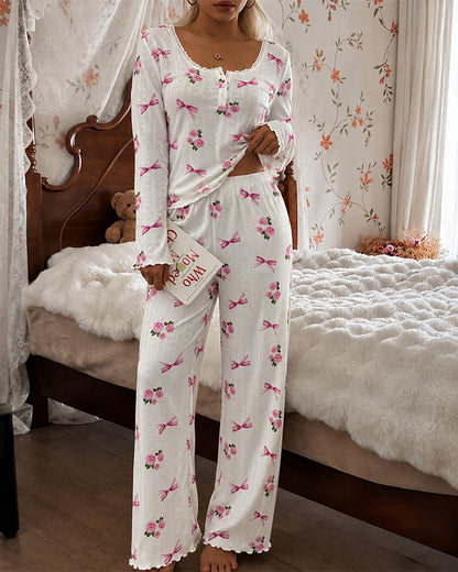 Women's Floral Bow Print Frill Trim Pajama Set Lace U-Neck Henley Long Sleeve Top and Pants Lounge Set