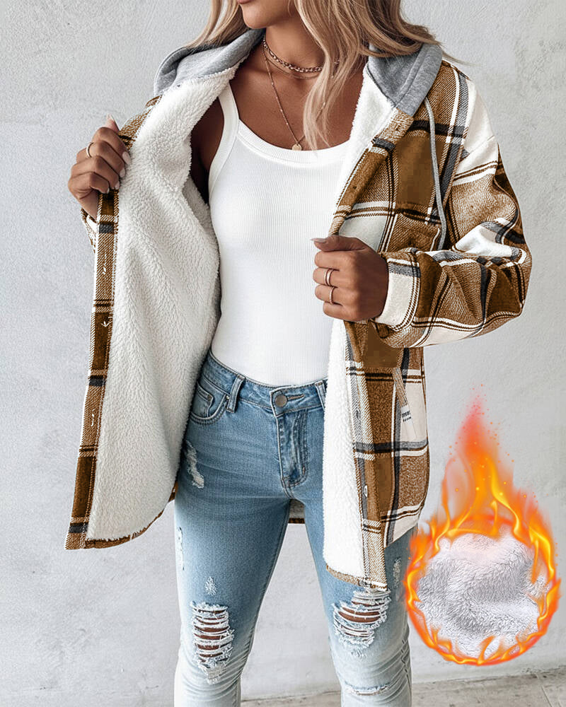 Plaid Pattern Long Sleeve Shacket Button Down Fleece Lined Hooded Jackets Warm Coat