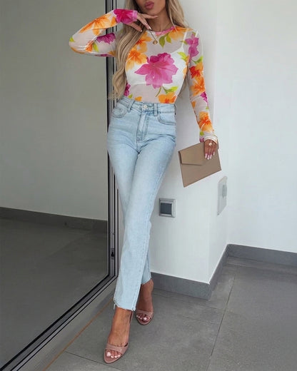 Women's Floral Print Sheer Mesh Top Long Sleeve Slim Fit Crewneck Layering Top with Thumb Hole Cuffs