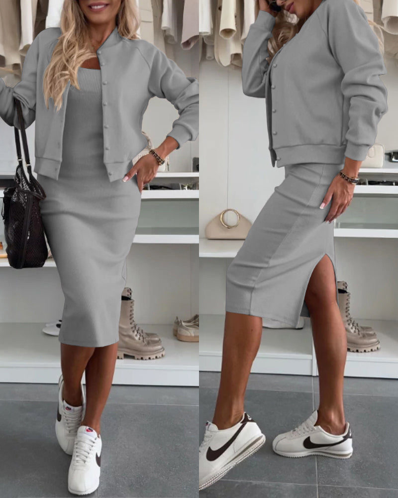 2 Pieces Outfit U-Neck Slit Back Slim Fit Knit Tank Dress and Pearl Button Front Baseball Coat Casual Ribbed Set