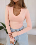 Women's Deep V Neck Long Sleeve Top Slim Fit Pullover with Thumbholes