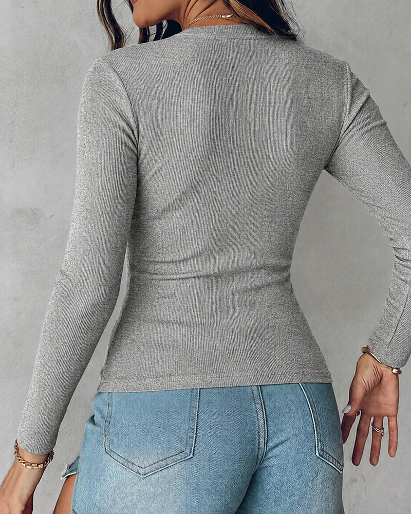 Women's V Neck Long Sleeve Ribbed Knit Top Slim Fit Base Layer Shirt Soft Stretchy Casual Tee with Built-in Bra