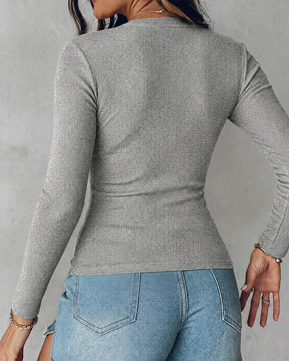 Women's V Neck Long Sleeve Ribbed Knit Top Slim Fit Base Layer Shirt Soft Stretchy Casual Tee with Built-in Bra