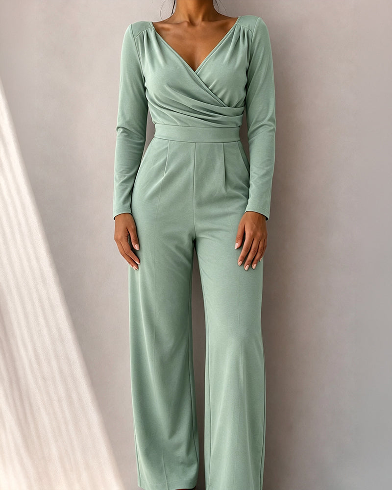 Women's Wrap Deep V Neck Long Sleeve High Waisted Wide Leg Jumpsuit Casual Ruched Overalls