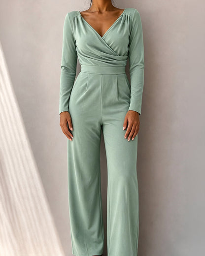 Women's Wrap Deep V Neck Long Sleeve High Waisted Wide Leg Jumpsuit Casual Ruched Overalls
