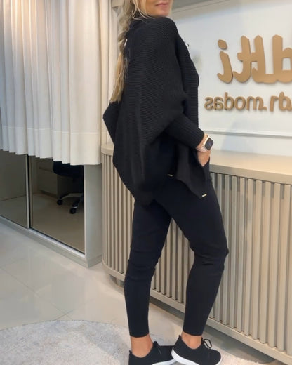 3PCS Batwing Sleeve Cardigan With Asymmetrical Neck Tank Top & Stretchy Waist Pants Set