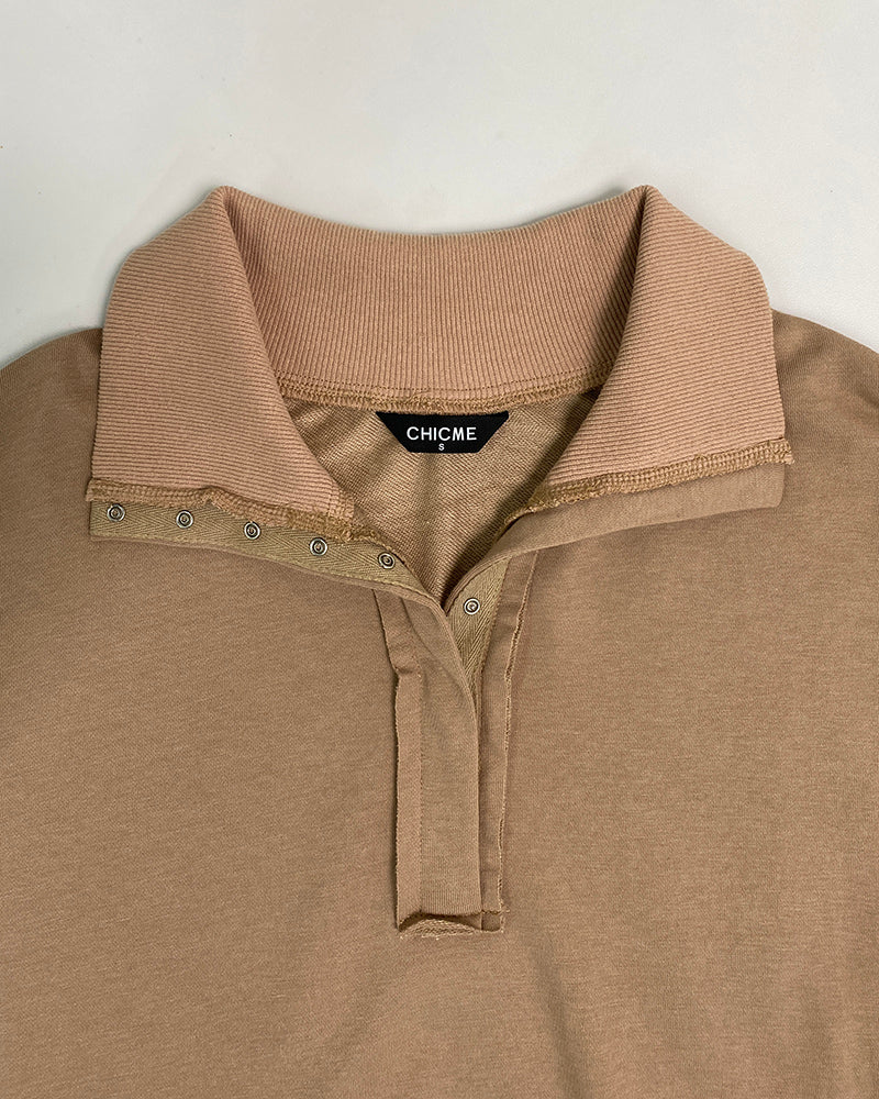 Polo Collar Long Sleeve Sweatshirt Loose Fit Side Slit Dip Hem Casual Top