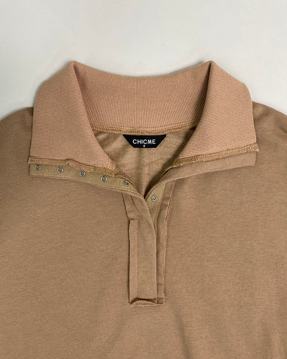 Polo Collar Long Sleeve Sweatshirt Loose Fit Side Slit Dip Hem Casual Top