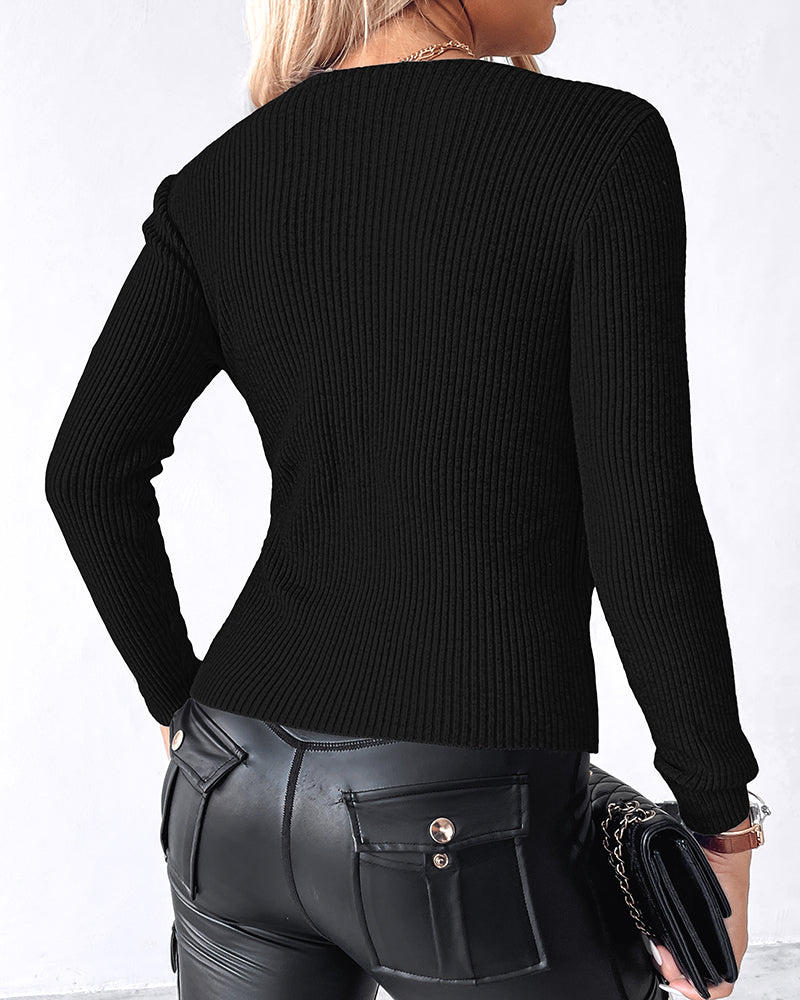 Overlap V-Neck Ruched Side Button Decor Knit Sweater Slim Fit Ribbed Pullover Top