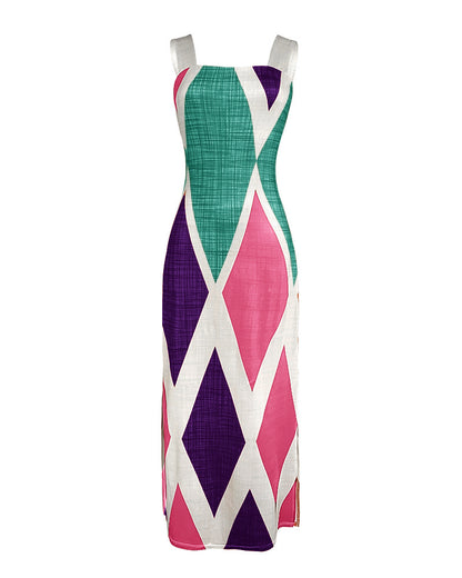 Geometric Print Square Neck Thick Strap Vacation Dress Casual Slim Fit Slit Maxi Dress