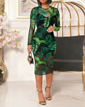 Women's 2 Piece Set Palm Leaf Print Mesh Midi Dress Rhinestone Sheer Long Sleeve Bodycon Dress with Cami Slip Dress