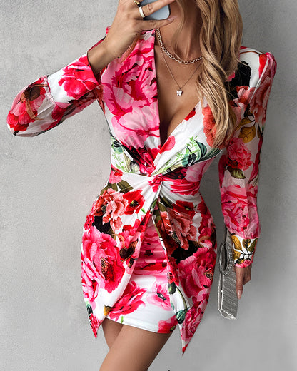 Mesh Puff Lantern Sleeve Twisted Floral Print Dress