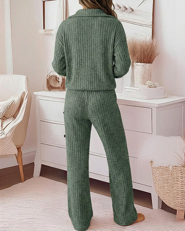 2 Pieces Outfit Turn-down Collar Long Sleeve Drop Shoulder Half Zipper Front Top and Elastic Waist Pants Set Casual Brushed Ribbed Set