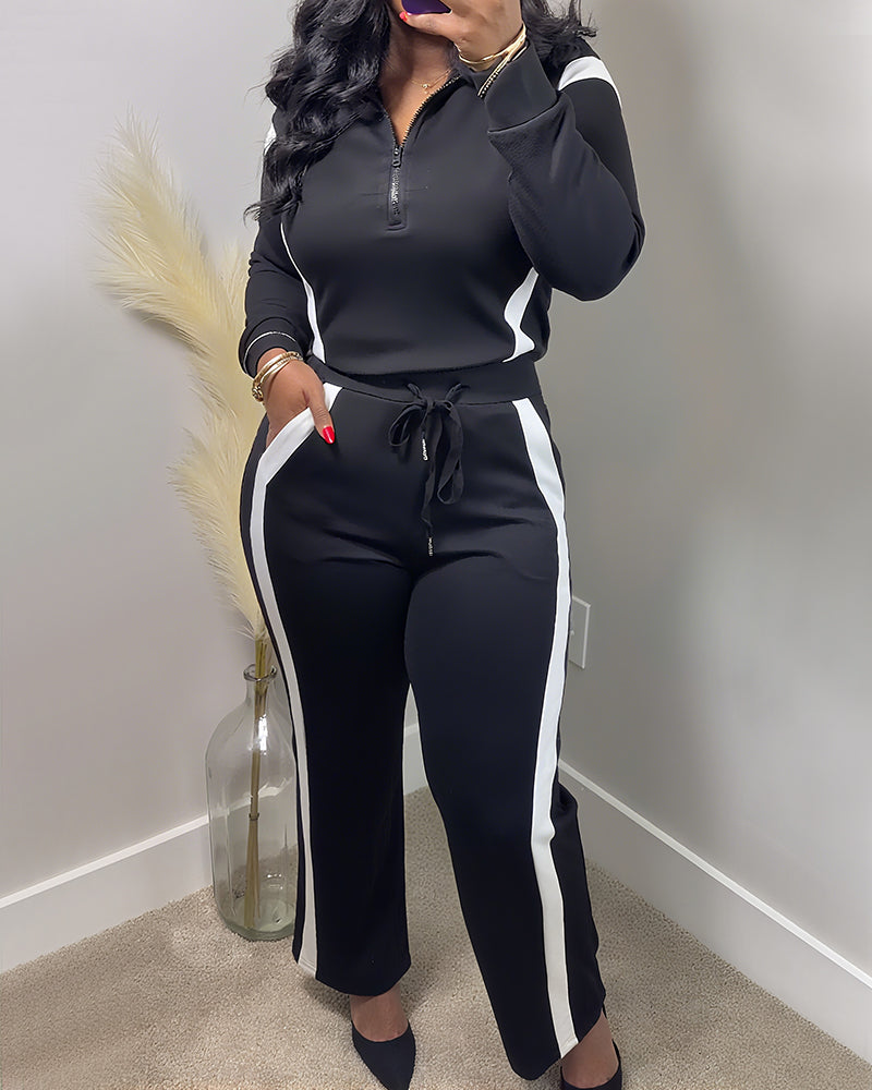 2 Pieces Outfit Half Zip Long Sleeve Top Drawstring Elastic Waist Pants Set Casual Contrast Paneled Side Set