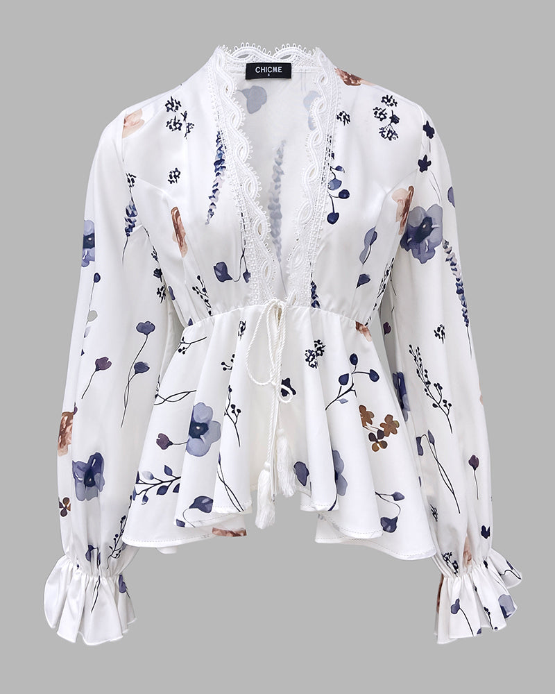 Floral Print Deep V-Neck Lantern Sleeve Casual Contrast Lace Tied Detail Blouse