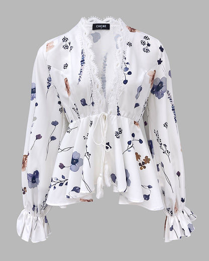 Floral Print Deep V-Neck Lantern Sleeve Casual Contrast Lace Tied Detail Blouse