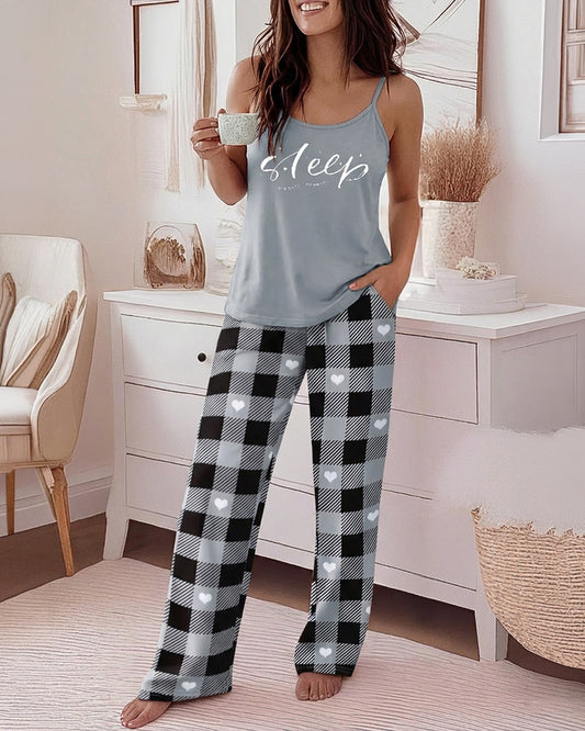 2 Pieces Outfit Eyelash & Sleep Letter Print U-Neck Adjustable Spaghetti Straps Cami Top and Plaid & Heart Print Elastic Waist Wide Leg Pants Set Casual Pajamas Set