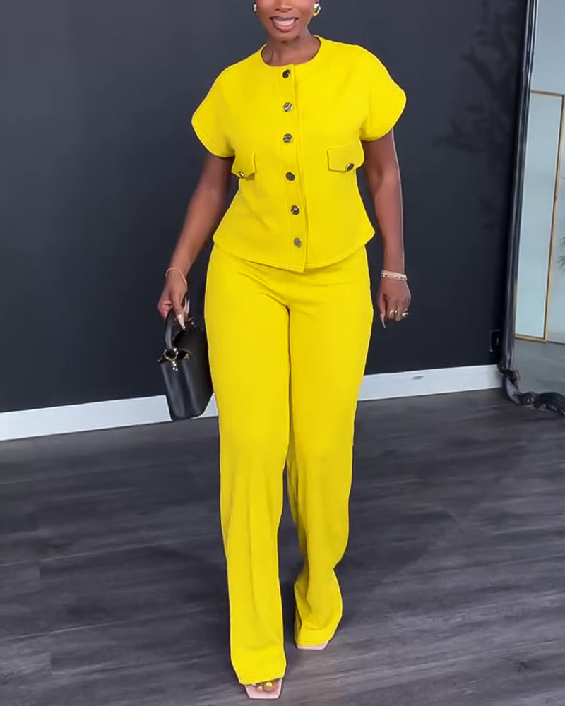 Women's 2 Piece Outfits Short Sleeve Button Down Top and Straight Leg Pants Set Casual Commuter Suits