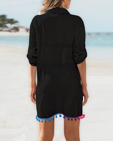 Turn-down Collar Roll Up Sleeve Tassel Hem Pompom Side Slit Straight Dress Casaul Dress