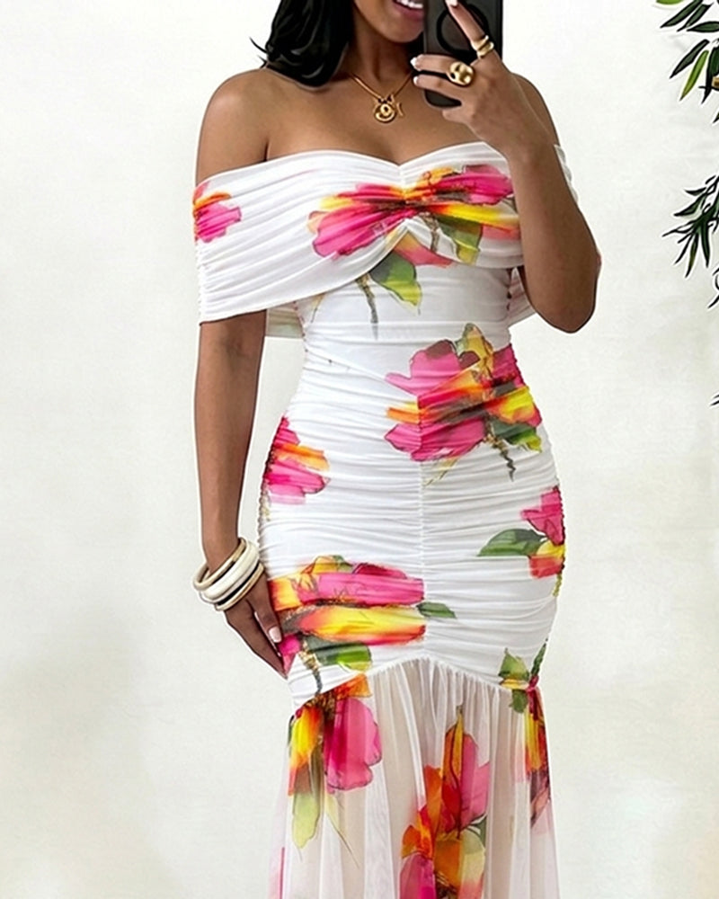 Women's Off Shoulder Floral Mesh Maxi Dress Ruched Bodycon Mermaid Dress Elegant Evening Gown with Detachable Clear Straps