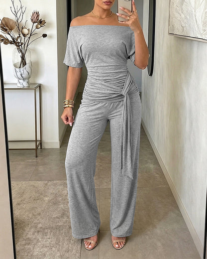 Women's Skew Neck 2 Piece Outfits Ruched Tie Waist Short Sleeve Top and High Waisted Wide Leg Pants Lounge Set