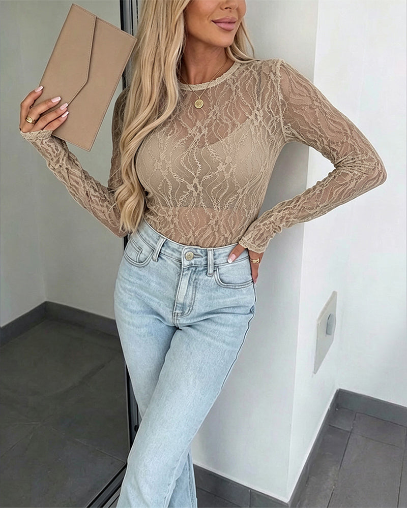 Women's Jacquard Textured Sheer Lace Long Sleeve Top Crewneck Slim Fit Tee with Thumb Holes