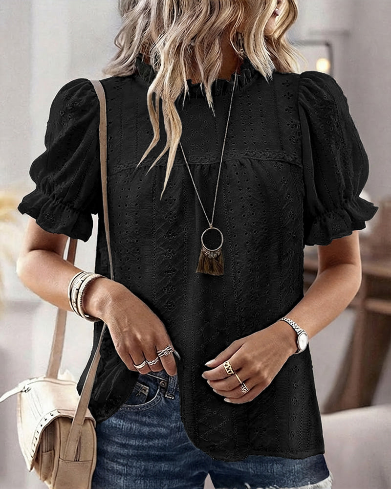 Elegant Frill Hem Stand Collar Puff Sleeve Blouse Casual Hollow Out Embroidery Pullover Top
