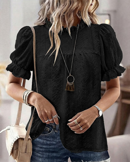 Elegant Frill Hem Stand Collar Puff Sleeve Blouse Casual Hollow Out Embroidery Pullover Top