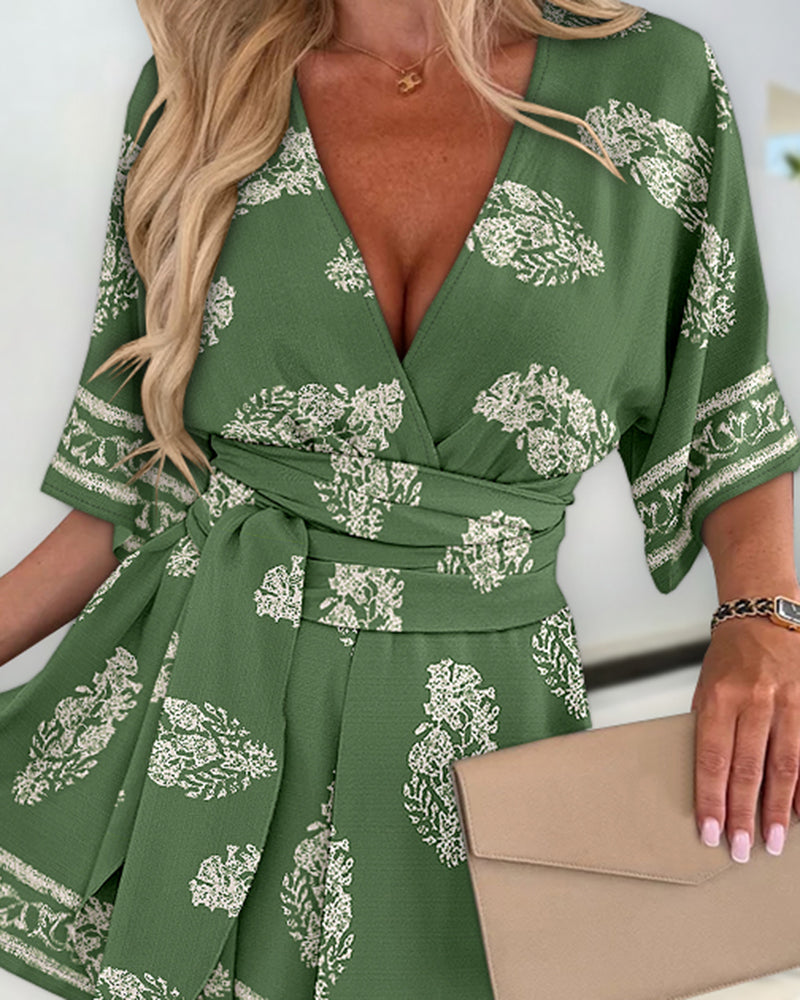 Vintage Plants Print Overlap Deep V-Neck Tie Waist Boho Romper