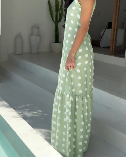 Women's Polka Dot Maxi Dress Casual Sleeveless Lace up Back Vacation Dress Elegant Ruffle Hem Loose A Line Long Sundress